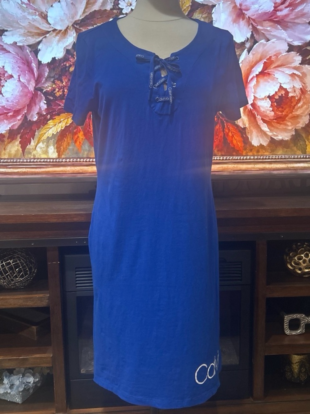 Calvin Klein Cobalt Blue Short Sleeve Lace-Up Midi Dress